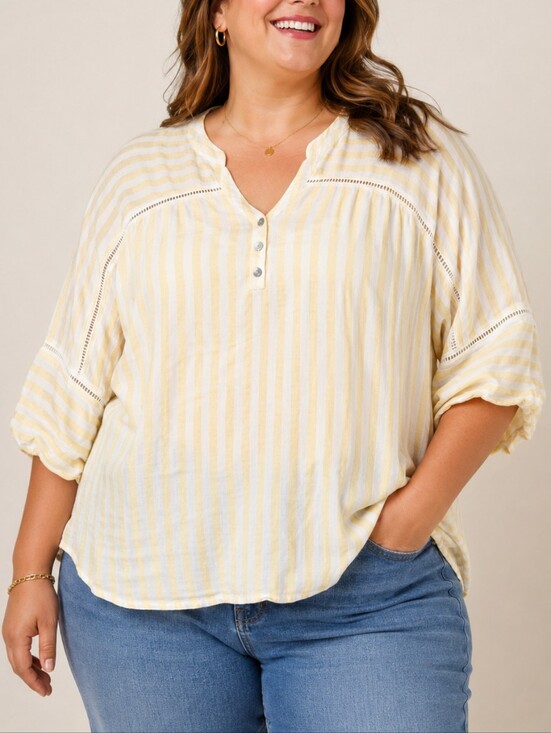 Adrienne Vittadini Tops - Adrienne Vittadini Blouse Yellow White Stripe Women 2X Boho Henley Peasant Lagen